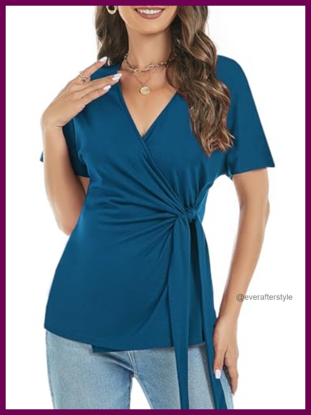 Womens V Neck Wrap Top Short Sleeve Front Tie Knot Blouse